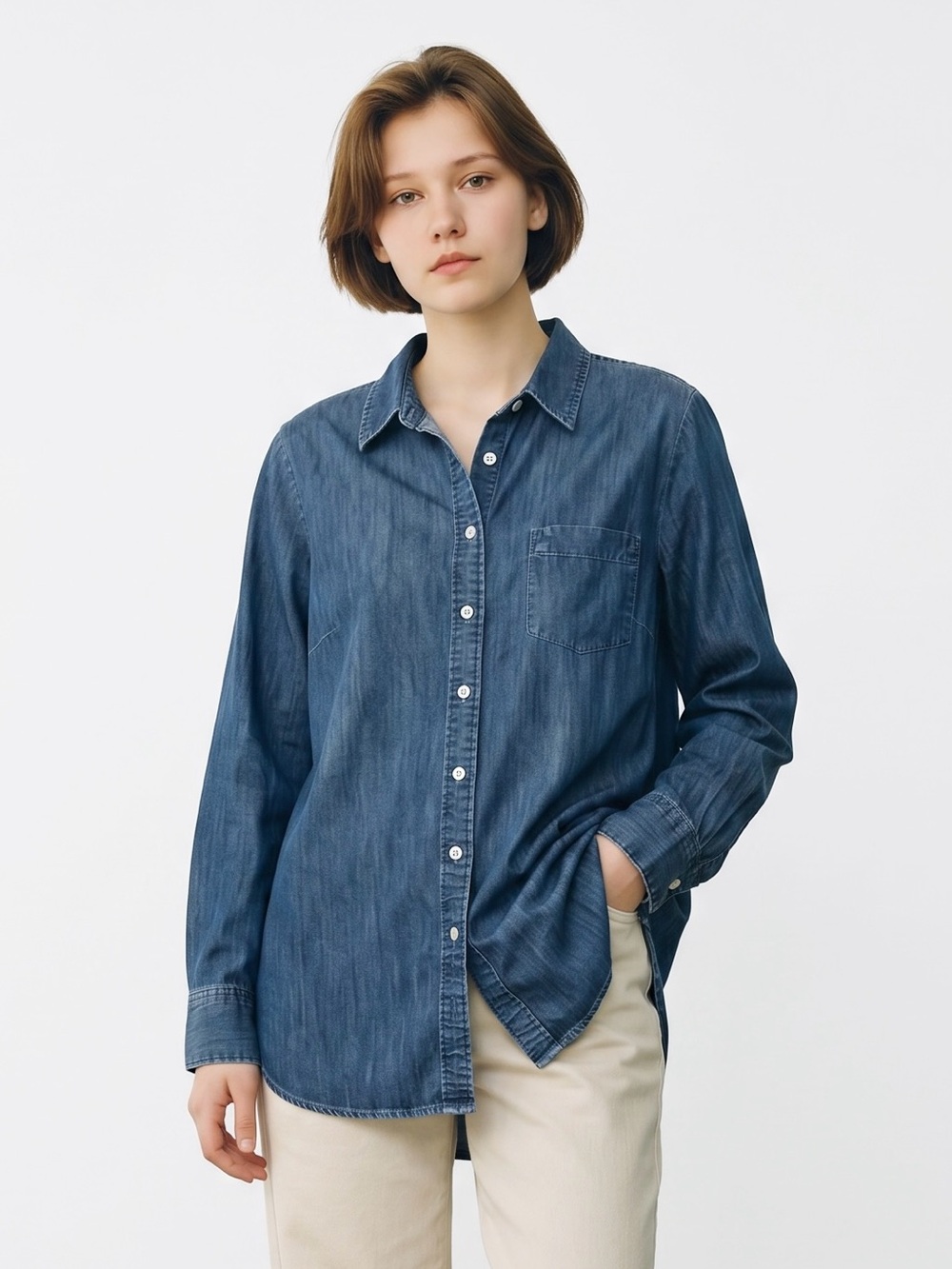 Talbots Denim Button Down Shirt Size L Petite